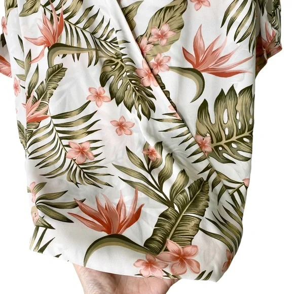 IMAN Palm Floral Tropical HAWAIIAN Resort Faux Wrap Blouse Top Cold Shoulder Med - Picture 5 of 8
